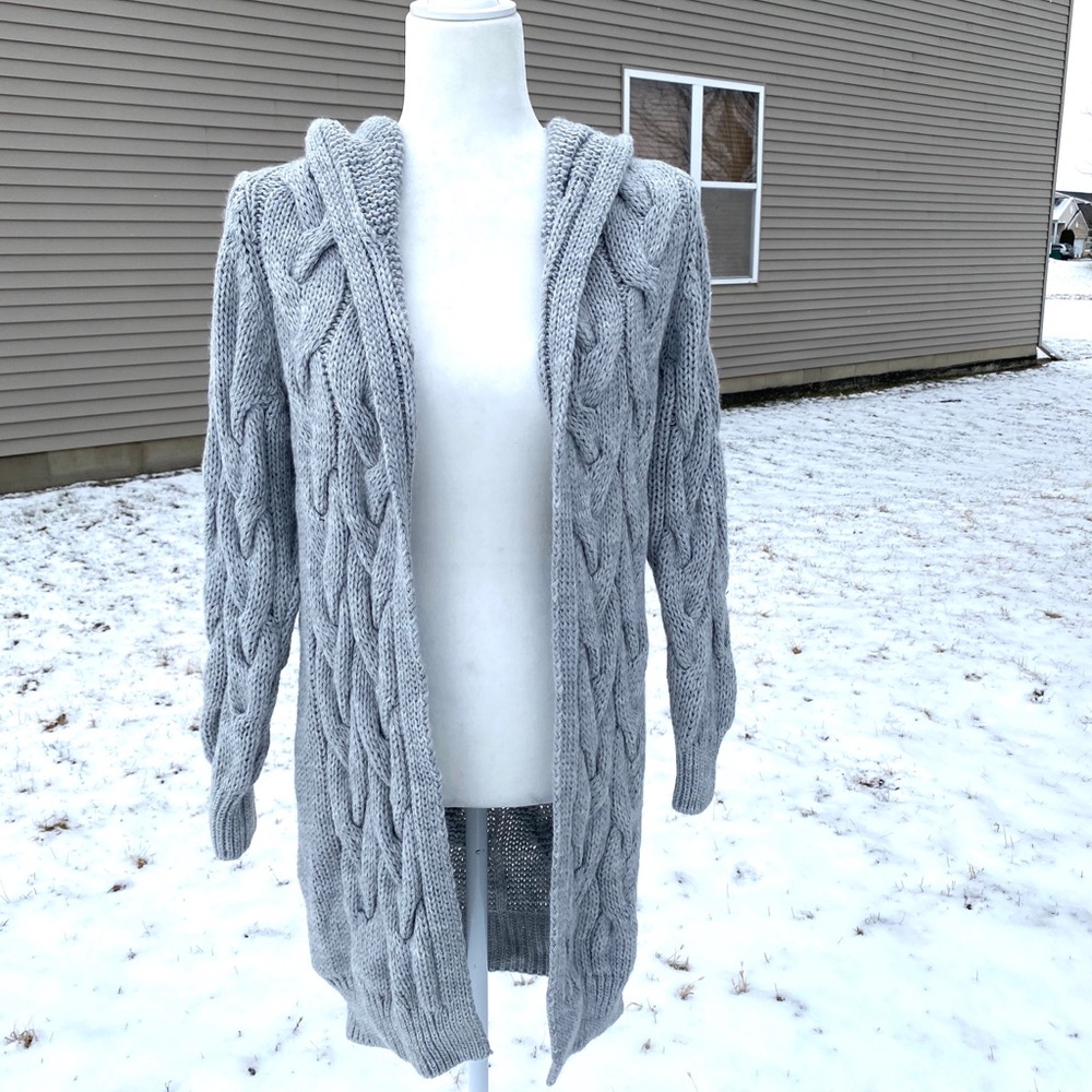 Chunky Cable Knit Long Sleeve Hooded Midi Cardigan - Picture 9 of 11